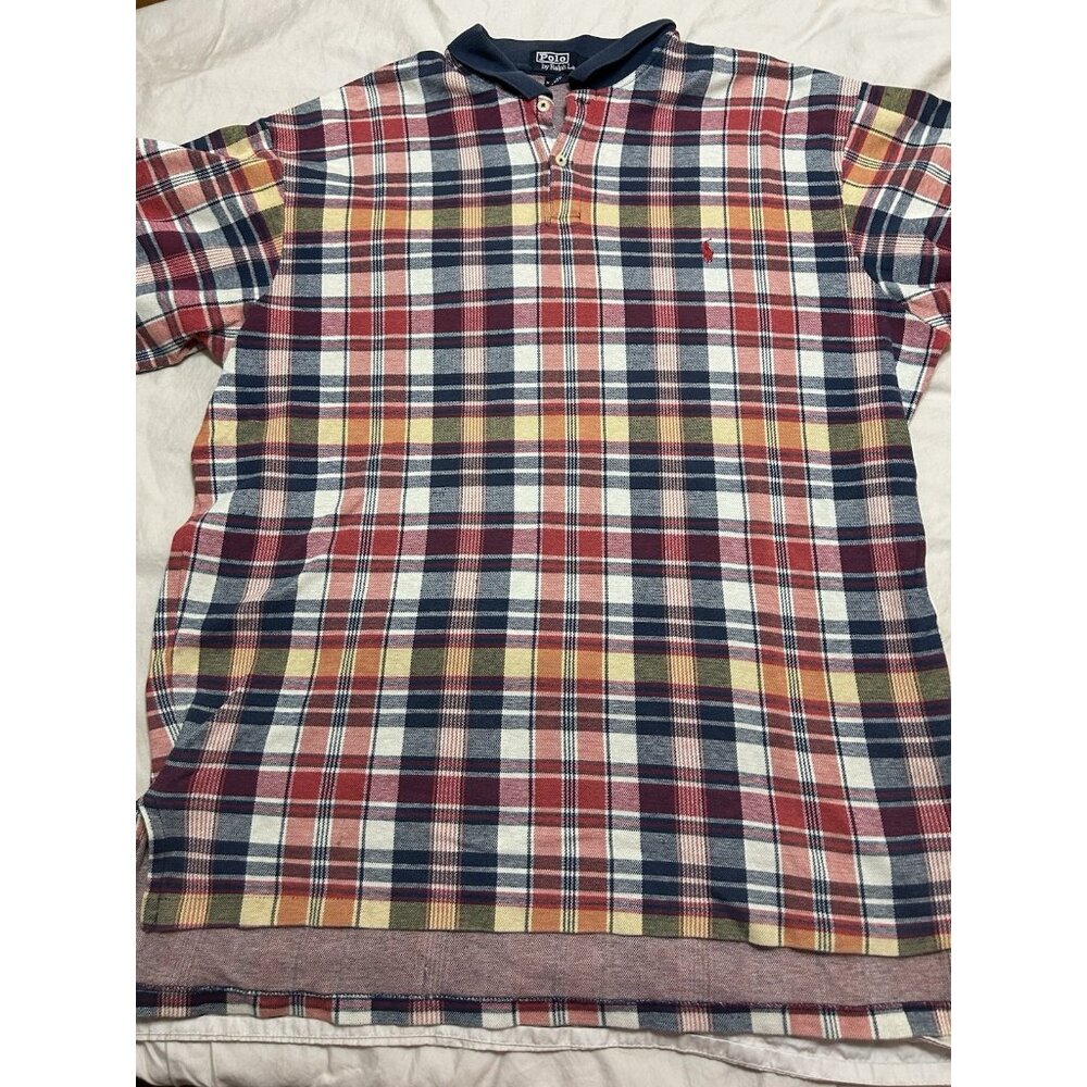 Vintage 90s Polo Ralph Lauren Bright Plaid Polo Shirt Made In Usa Cotton Size XL